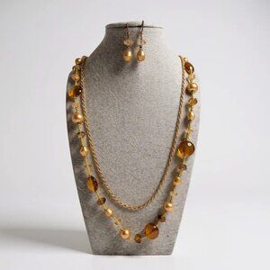 Multi Topaz glass & Lucite Bead Gold Tone Link Glass seed Bead Long Necklace Set